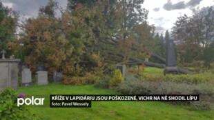 Kříže v lapidáriu jsou poškozené, vichr na ně shodil zdravou lípu